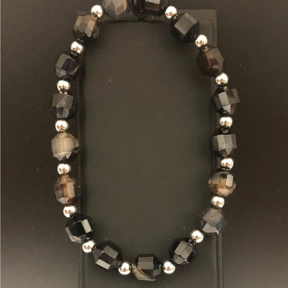 Natural Black Agate Bracelet Faceted Beads Barrel Shape Stretchable Bracelet - Picture 3 of 5